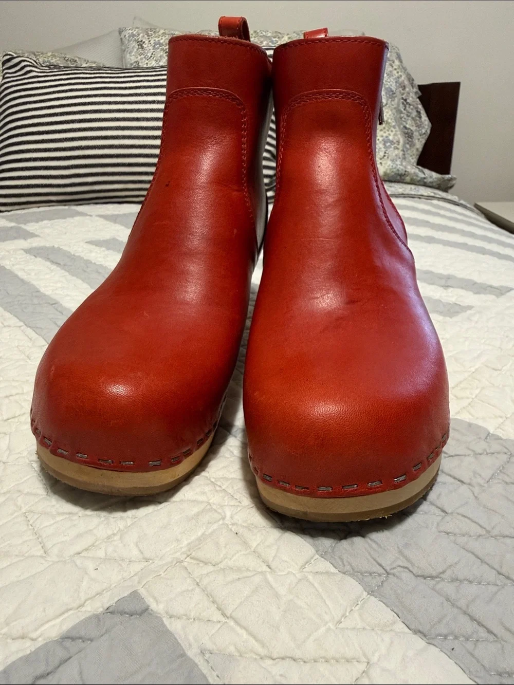 Swedish Hasbeens Red Leather Zip Clog Ankle Boots